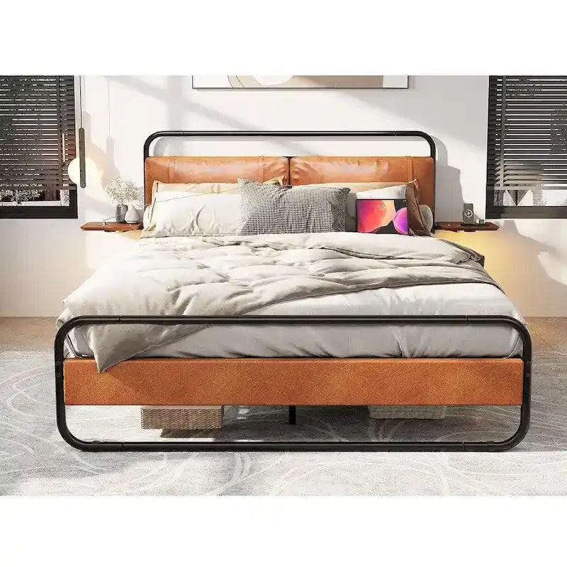 Lit Plateforme Métallique Moderne King Size avec Tête de Lit Rembourrée et Chargeur