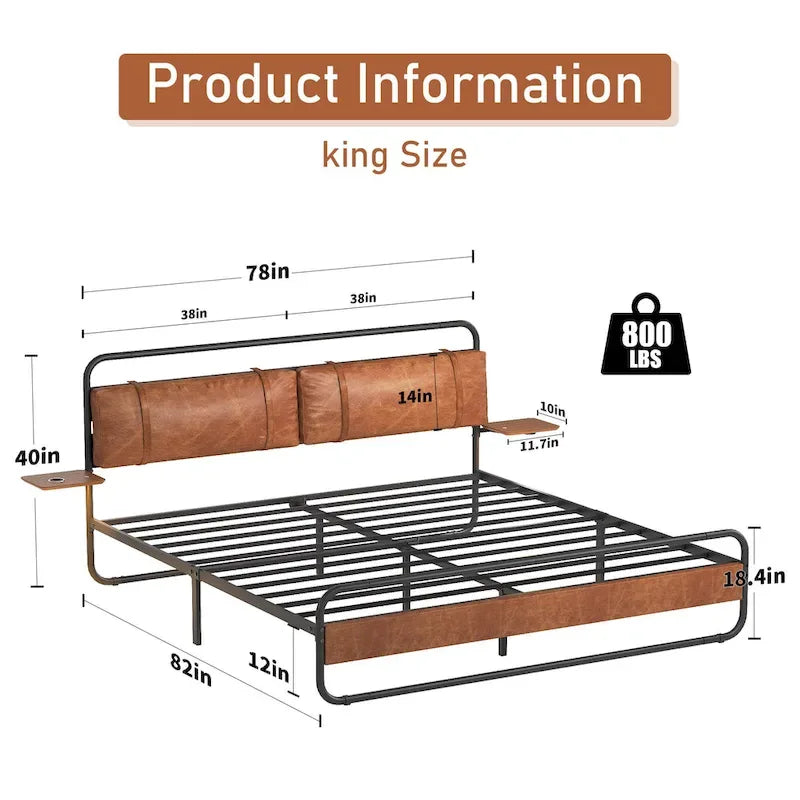 Lit Plateforme Métallique Moderne King Size avec Tête de Lit Rembourrée et Chargeur