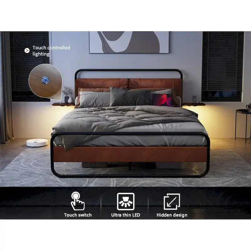 Lit Plateforme Métallique Moderne King Size avec Tête de Lit Rembourrée et Chargeur