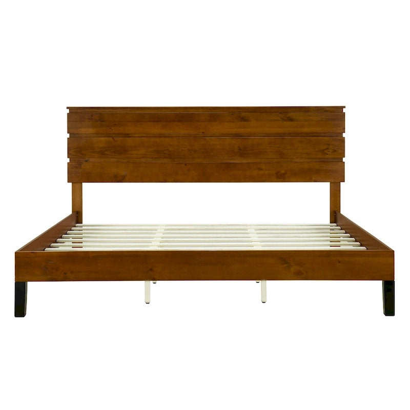 Lit plateforme marron format très grand lit en bois massif de style Mid-Century avec tête de lit à trois panneaux