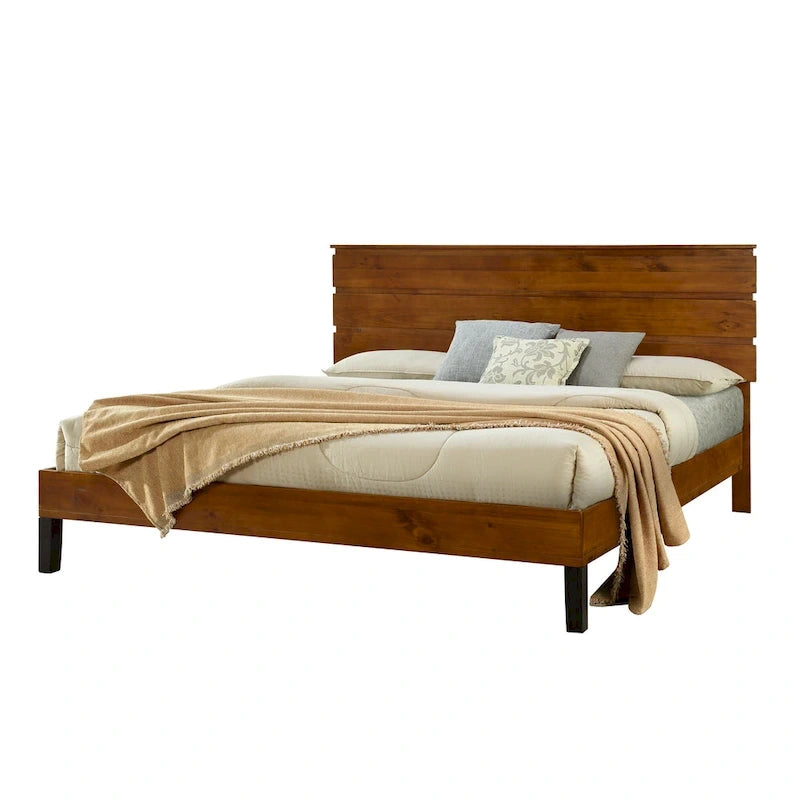 Lit plateforme marron format très grand lit en bois massif de style Mid-Century avec tête de lit à trois panneaux