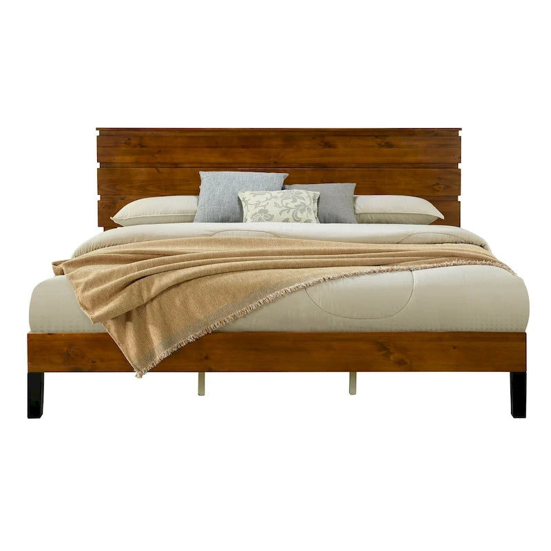 Lit plateforme marron format très grand lit en bois massif de style Mid-Century avec tête de lit à trois panneaux