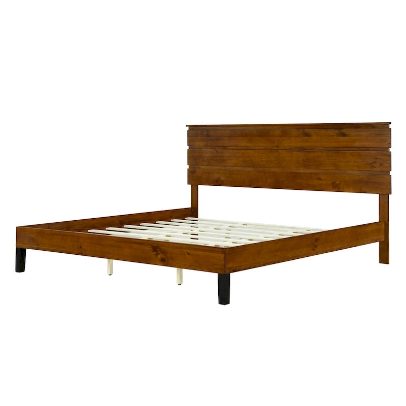 Lit plateforme marron format très grand lit en bois massif de style Mid-Century avec tête de lit à trois panneaux