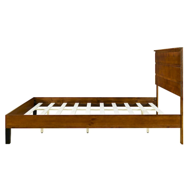 Lit plateforme marron format très grand lit en bois massif de style Mid-Century avec tête de lit à trois panneaux