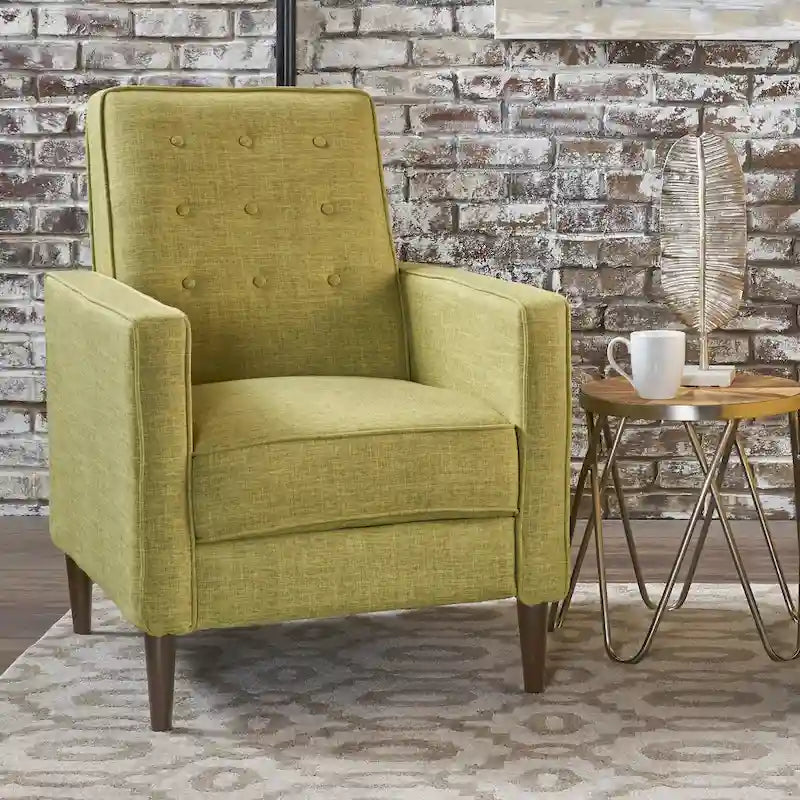 Fauteuil inclinable inclinable à dossier poussant en tissu vert du milieu du siècle avec repose-pieds, dossier capitonné et pieds en bois de hêtre