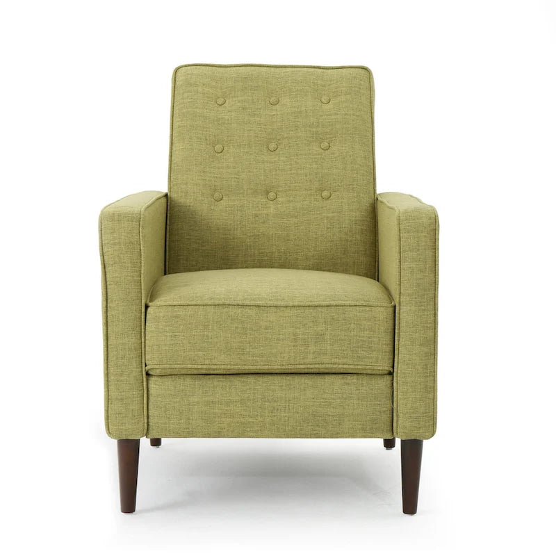 Fauteuil inclinable inclinable à dossier poussant en tissu vert du milieu du siècle avec repose-pieds, dossier capitonné et pieds en bois de hêtre