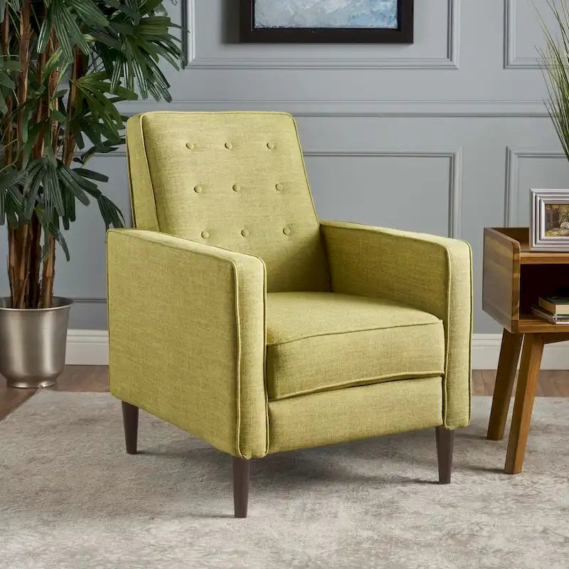 Fauteuil inclinable inclinable à dossier poussant en tissu vert du milieu du siècle avec repose-pieds, dossier capitonné et pieds en bois de hêtre