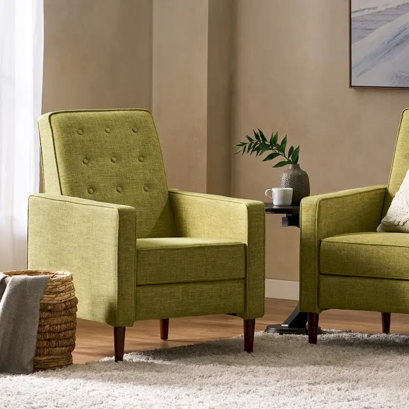 Fauteuil inclinable inclinable à dossier poussant en tissu vert du milieu du siècle avec repose-pieds, dossier capitonné et pieds en bois de hêtre