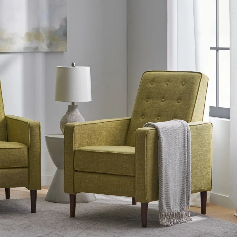 Fauteuil inclinable inclinable à dossier poussant en tissu vert du milieu du siècle avec repose-pieds, dossier capitonné et pieds en bois de hêtre