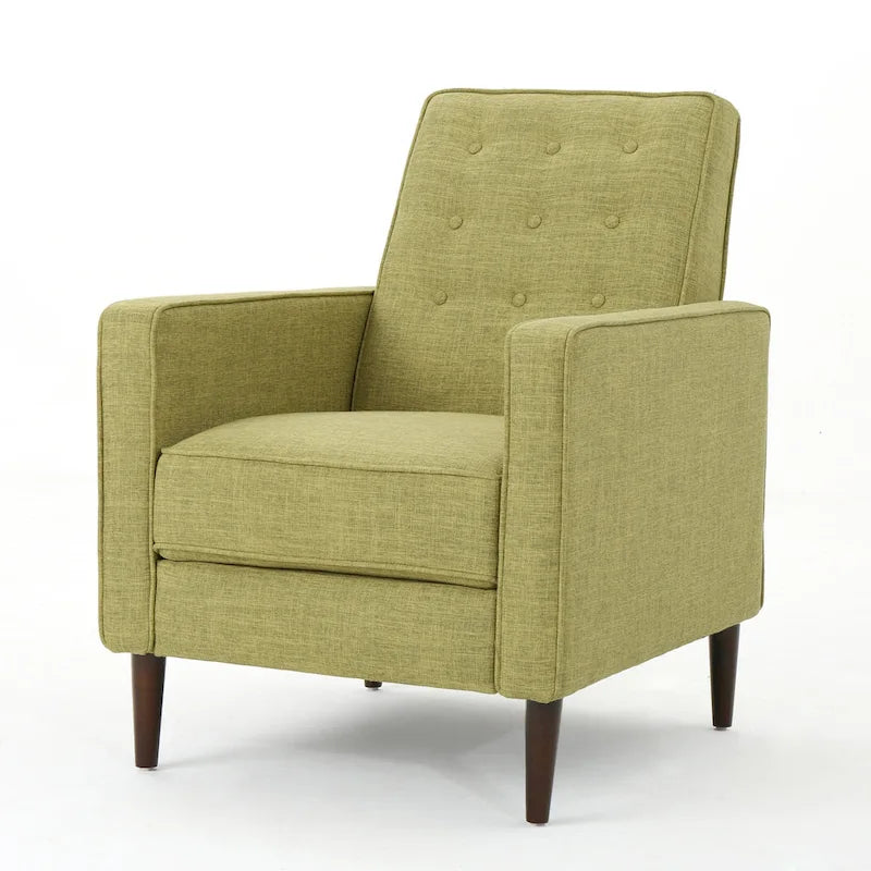 Fauteuil inclinable inclinable à dossier poussant en tissu vert du milieu du siècle avec repose-pieds, dossier capitonné et pieds en bois de hêtre