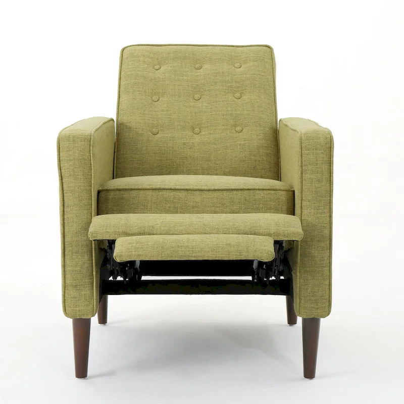 Fauteuil inclinable inclinable à dossier poussant en tissu vert du milieu du siècle avec repose-pieds, dossier capitonné et pieds en bois de hêtre