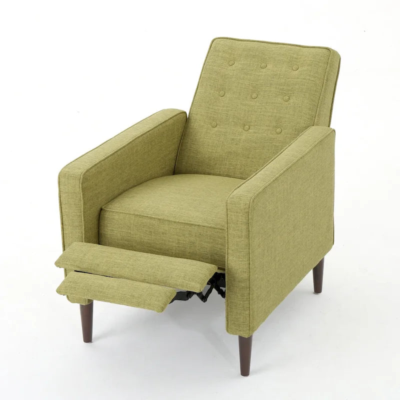 Fauteuil inclinable inclinable à dossier poussant en tissu vert du milieu du siècle avec repose-pieds, dossier capitonné et pieds en bois de hêtre