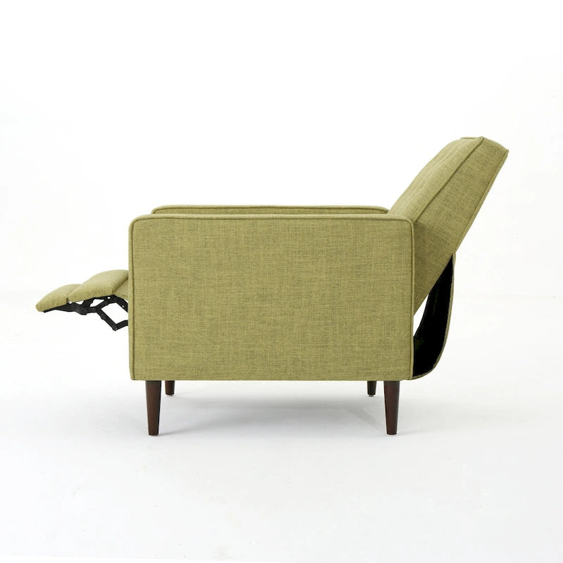 Fauteuil inclinable inclinable à dossier poussant en tissu vert du milieu du siècle avec repose-pieds, dossier capitonné et pieds en bois de hêtre