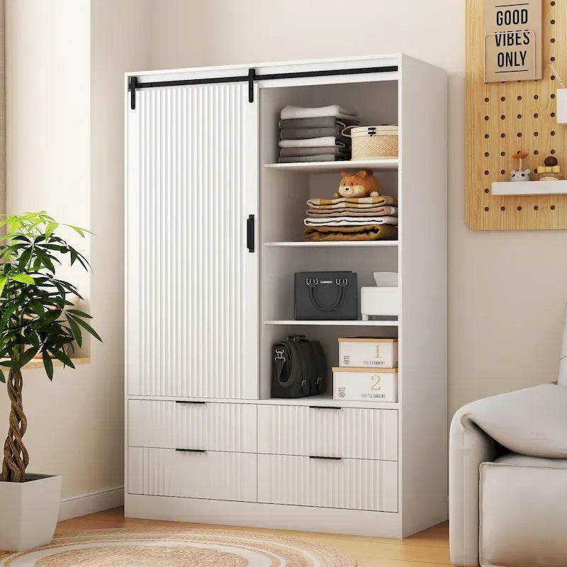 47.24 Armoire Moderne avec Penderie, Tiroirs et Étagères Ouvertes pour Chambre à Coucher