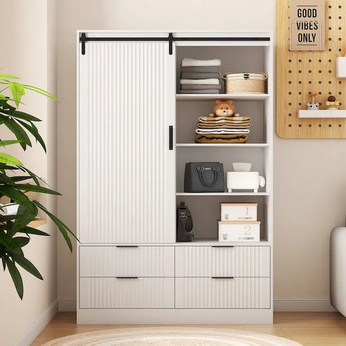 47.24 Armoire Moderne avec Penderie, Tiroirs et Étagères Ouvertes pour Chambre à Coucher