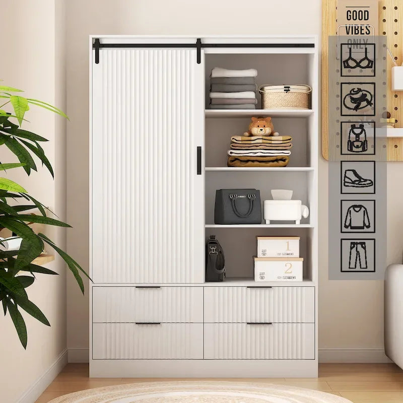 47.24 Armoire Moderne avec Penderie, Tiroirs et Étagères Ouvertes pour Chambre à Coucher