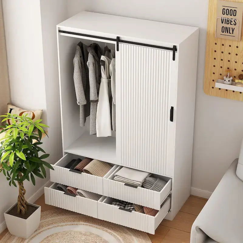 47.24 Armoire Moderne avec Penderie, Tiroirs et Étagères Ouvertes pour Chambre à Coucher