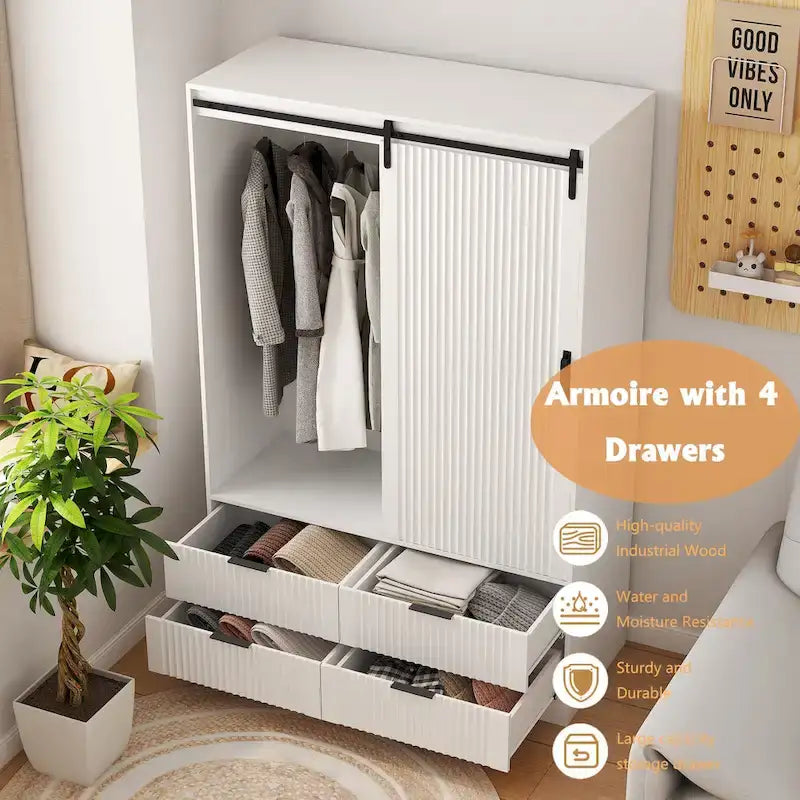 47.24 Armoire Moderne avec Penderie, Tiroirs et Étagères Ouvertes pour Chambre à Coucher