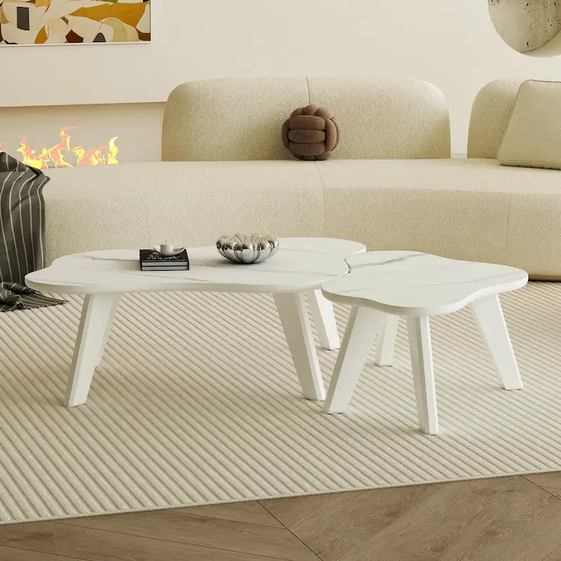 Table basse moderne en forme de nuage avec pieds en bois massif et panneau MDF pour salon