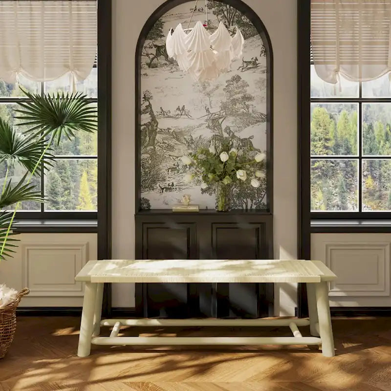 Banc en rotin et bois massif style ferme moderne - Banc intérieur et extérieur couvert de 150 cm Fini noyer Design multifonctionnel