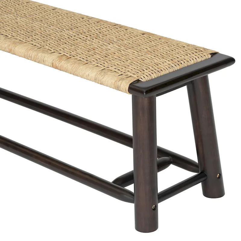 Banc en rotin et bois massif style ferme moderne - Banc intérieur et extérieur couvert de 150 cm Fini noyer Design multifonctionnel