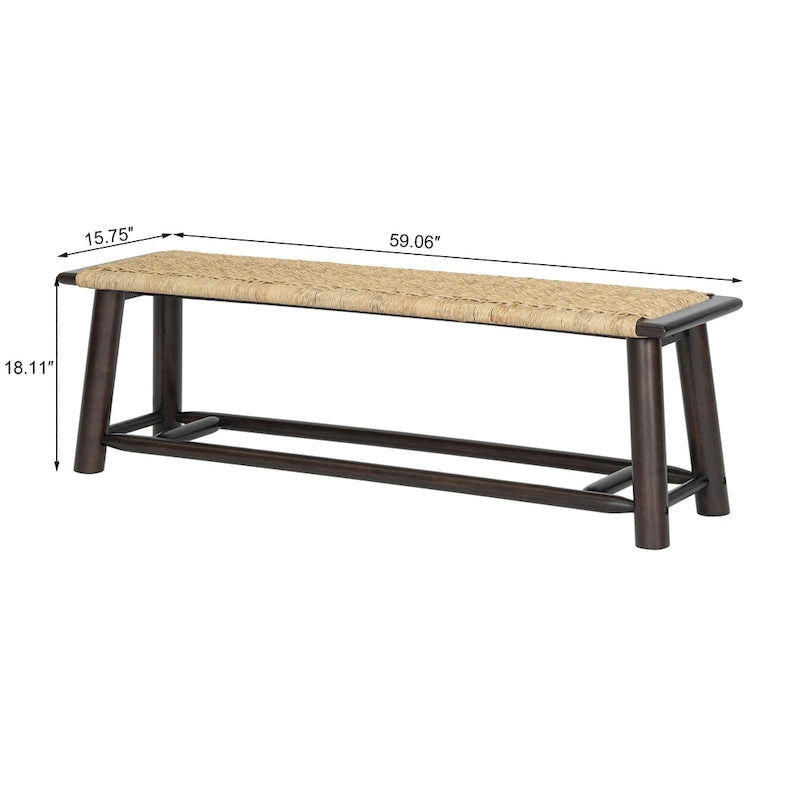 Banc en rotin et bois massif style ferme moderne - Banc intérieur et extérieur couvert de 150 cm Fini noyer Design multifonctionnel