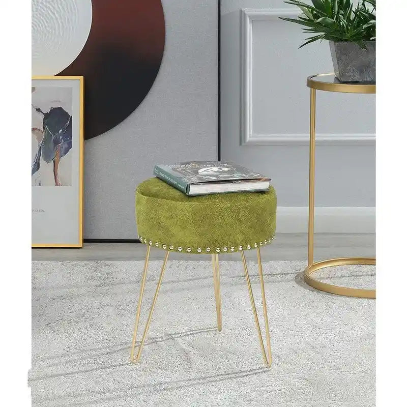 Tabouret rond ottoman en velours avec pieds en métal doré