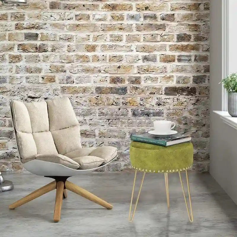 Tabouret rond ottoman en velours avec pieds en métal doré