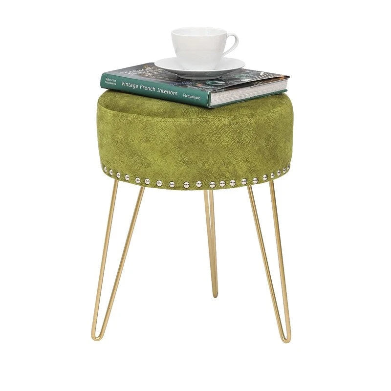 Tabouret rond ottoman en velours avec pieds en métal doré