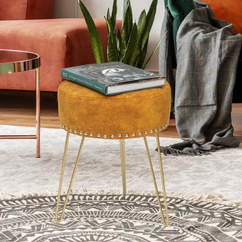 Tabouret rond ottoman en velours avec pieds en métal doré