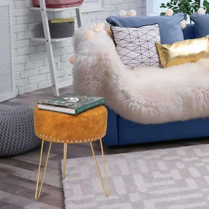 Tabouret rond ottoman en velours avec pieds en métal doré