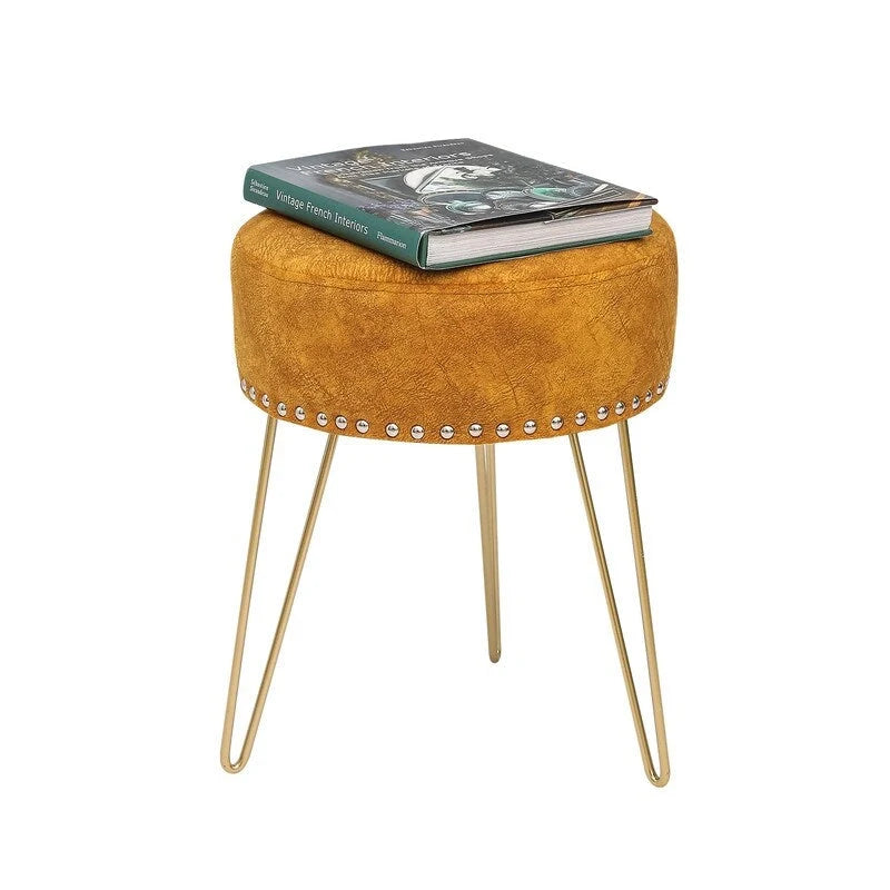 Tabouret rond ottoman en velours avec pieds en métal doré