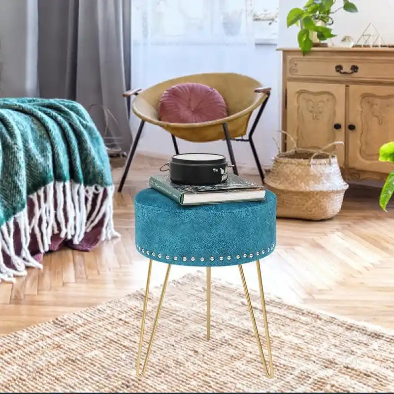 Tabouret rond ottoman en velours avec pieds en métal doré
