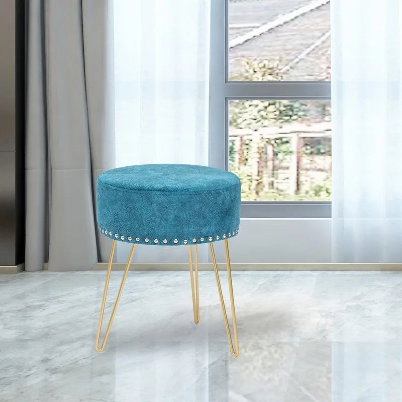 Tabouret rond ottoman en velours avec pieds en métal doré
