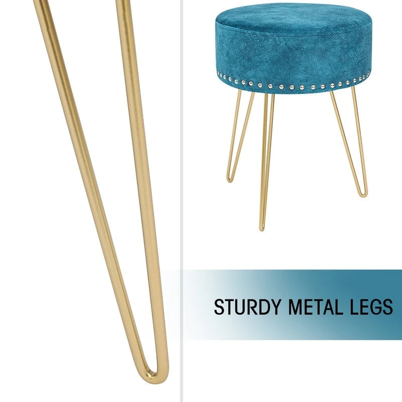 Tabouret rond ottoman en velours avec pieds en métal doré