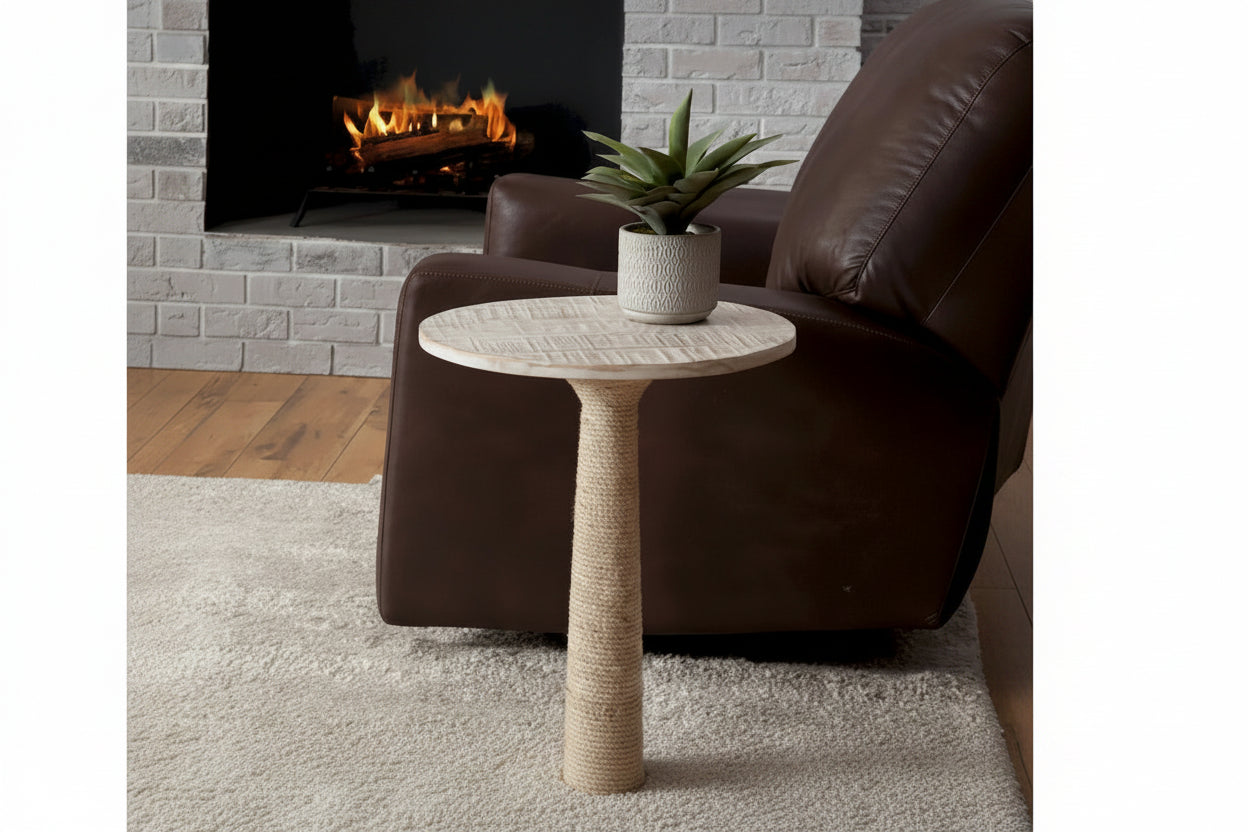 Abbott Solid Wood White Wash Round End Table with Jute Rope Wrapped Base