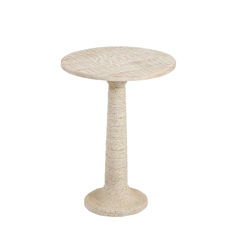 Table d'appoint ronde en bois massif blanchi avec base en corde de jute
