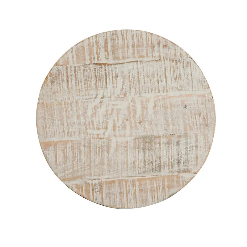 Table d'appoint ronde en bois massif blanchi avec base en corde de jute