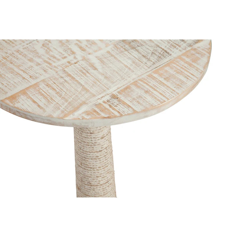 Table d'appoint ronde en bois massif blanchi avec base en corde de jute
