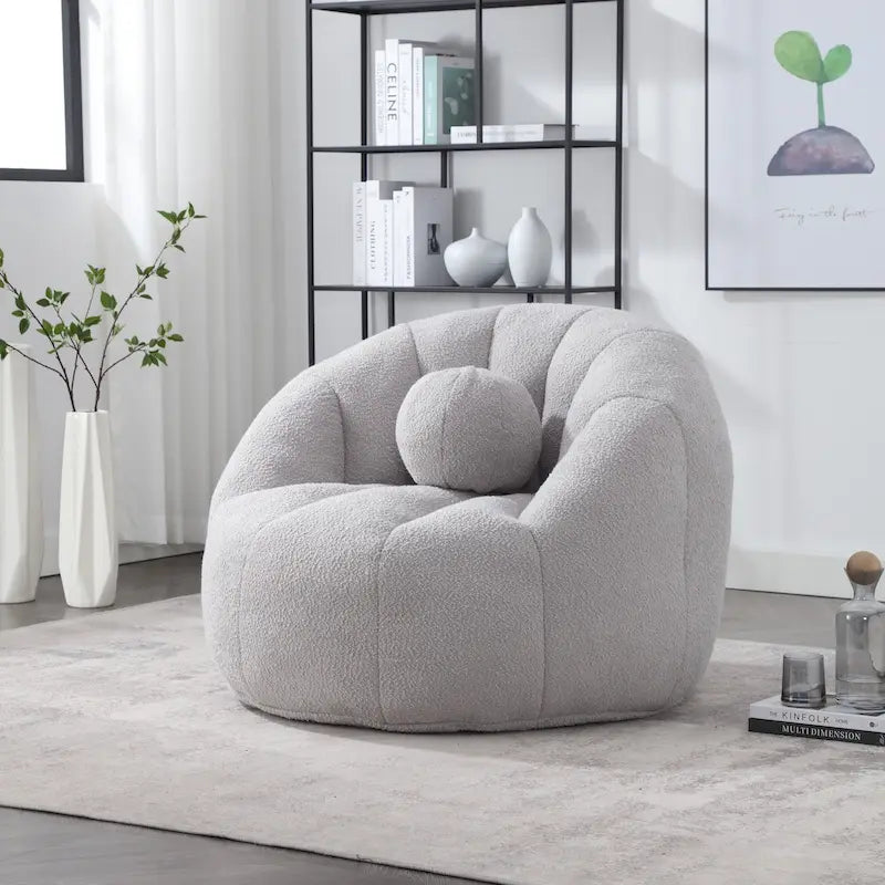 Fauteuil poire rond douillet et confortable en bouclette avec oreiller