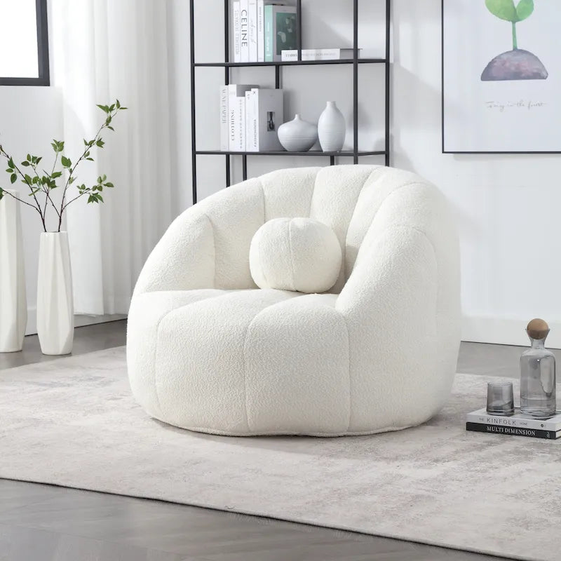 Fauteuil poire rond douillet et confortable en bouclette avec oreiller