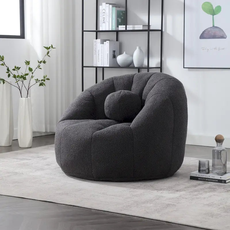 Fauteuil poire rond douillet et confortable en bouclette avec oreiller