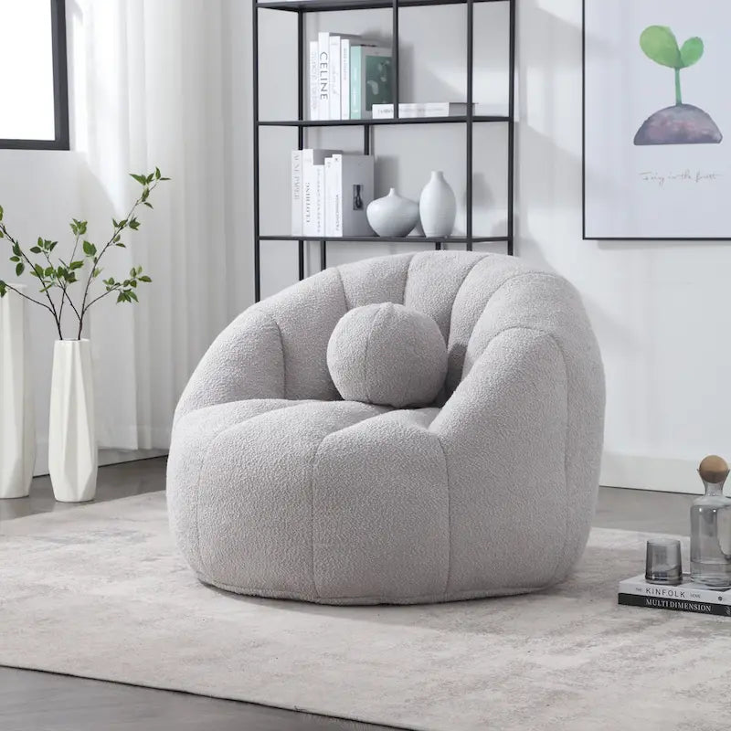 Fauteuil poire rond douillet et confortable en bouclette avec oreiller