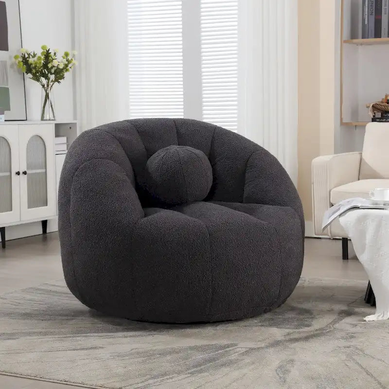 Fauteuil poire rond douillet et confortable en bouclette avec oreiller