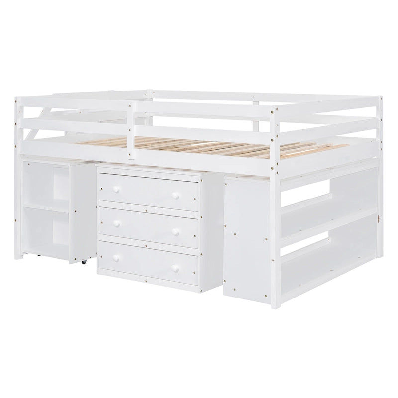 Lit mezzanine double avec bureau rétractable et 3 tiroirs, lit mezzanine en bois avec escalier de rangement et étagères, blanc