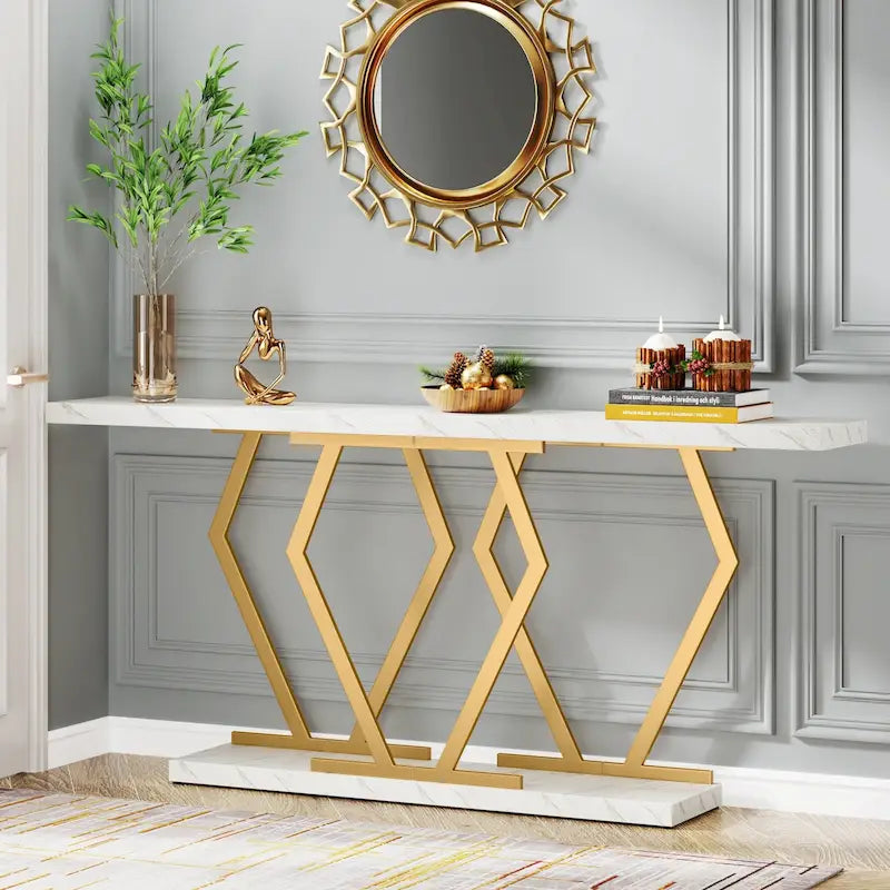 Console extra-longue de 180 cm, plateau en faux marbre, base et cadre dorés, pour salon, entrée, couloir
