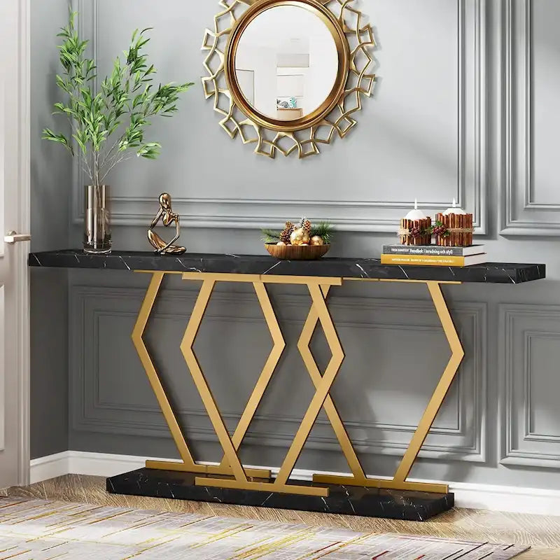 Console extra-longue de 180 cm, plateau en faux marbre, base et cadre dorés, pour salon, entrée, couloir