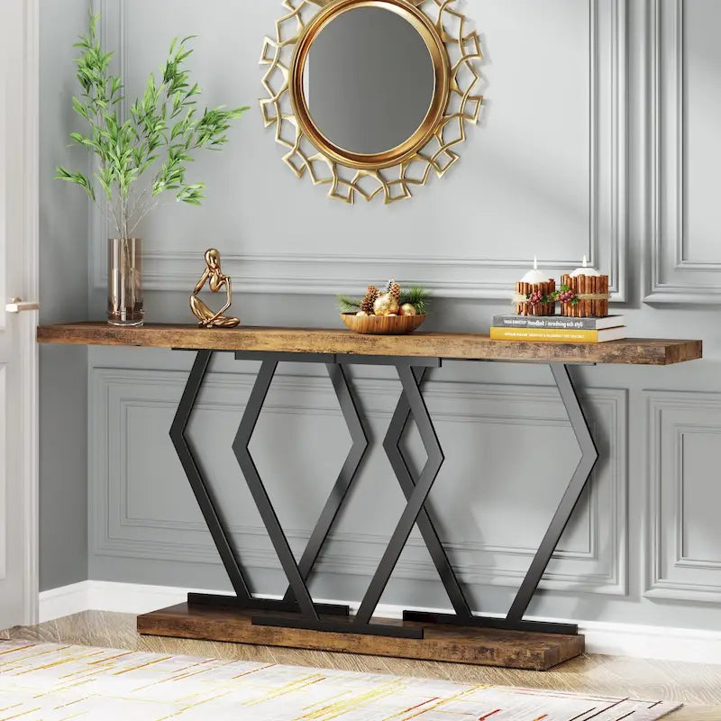 Console extra-longue de 180 cm, plateau en faux marbre, base et cadre dorés, pour salon, entrée, couloir