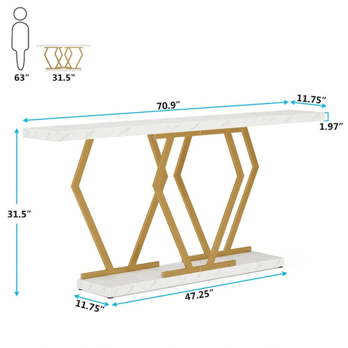 Console extra-longue de 180 cm, plateau en faux marbre, base et cadre dorés, pour salon, entrée, couloir