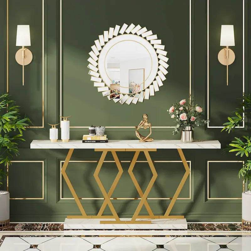 Console extra-longue de 180 cm, plateau en faux marbre, base et cadre dorés, pour salon, entrée, couloir